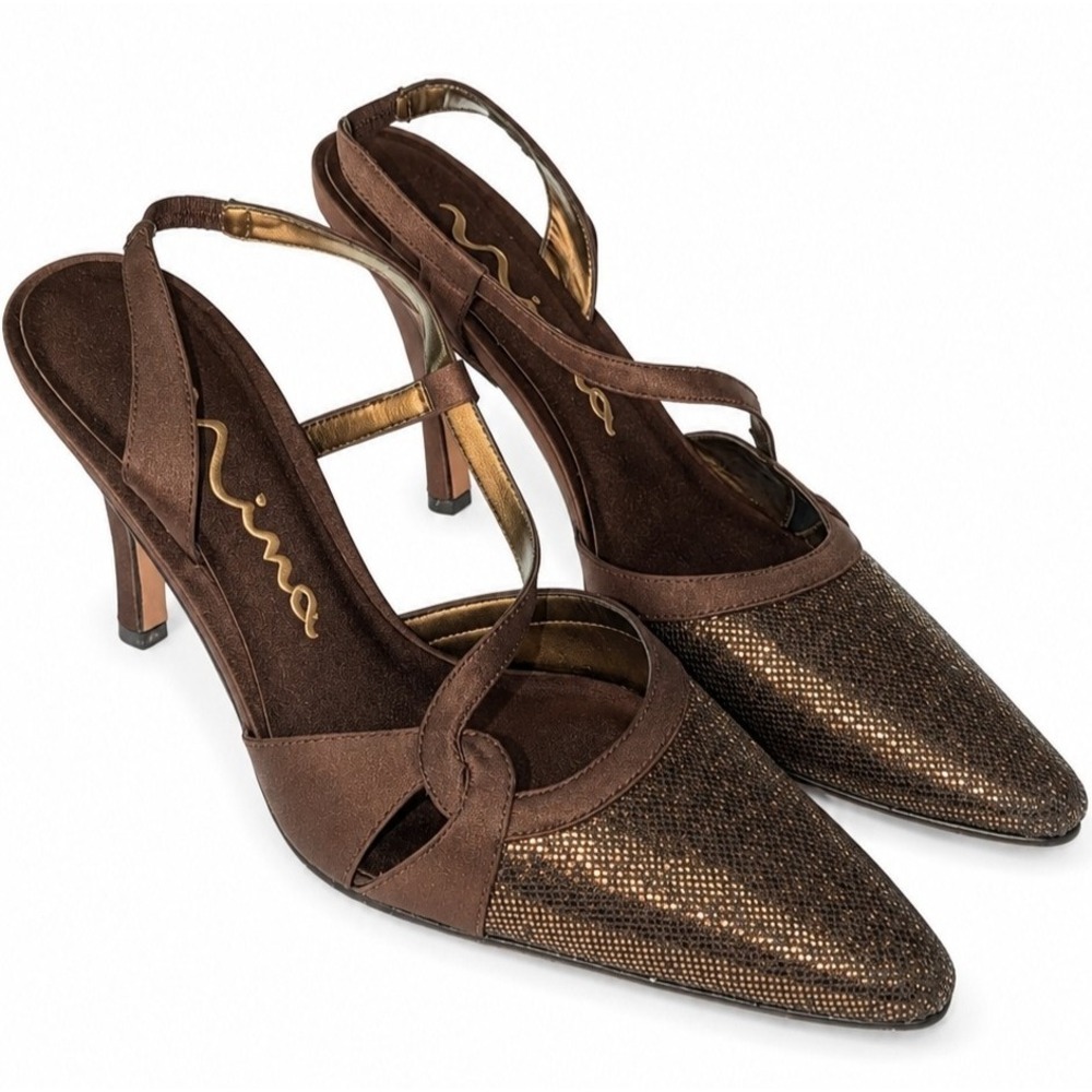 Elegant Nina Bronze Glitter Pointed Toe Slingback Heels Sz 7M